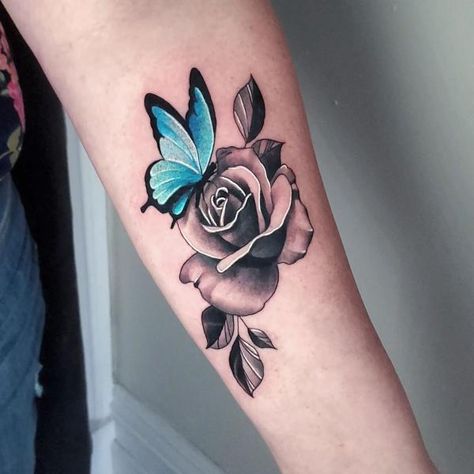 Rose With Butterflies Tattoo, Butterfly And Rose Tattoo For Women, Butterfly On Rose Tattoo, Rose And Butterfly Tattoos, Roses And Butterfly Tattoo, Rose And Butterfly Tattoo Design, Butterfly And Rose Tattoo, Butterfly Tattoo With Flowers, Rose Butterfly Tattoo