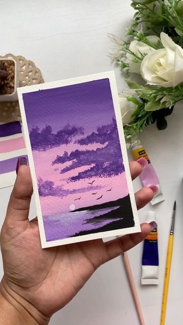 Bhuvana | Watercolours & Gouache on Instagram: "Part 17 : Colours I chose for my painting Hope you saw my other series- Let’s explore colours and I thought i will use the same colours and continue my paint series too 💜💞 Pls do comment your thoughts on this painting 💞💞 ✨Products used : @himimiya.india Gouache tubes - Pale Violet & Purple Rose & brushes ✨This is a combo to die for and u can never go wrong. ✨ Even without white gouache ,it gives a seamless blend ✨Hope this information was Tube Colour Paintings Easy, Purple Watercolour Painting, Tube Painting Ideas, Tube Colour Paintings, Watercolour Small Painting, Painting Ideas Without White Paint, Purple Acrylic Painting Ideas, Purple Mood Board Painting, Painting Without White Colour