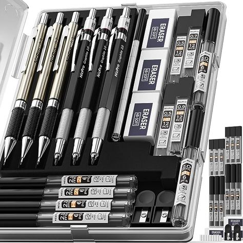 Nicpro 6PCS Art Mechanical Pencils Set, 3 PCS Metal Drafting Pencil 0.5 mm & 0.7 mm & 0.9 mm & 3 PCS 2mm Graphite Lead Holder (2B HB 2H) For Writing, Sketching Drawing With 12 Tube Lead Refills Case Back To University, Drafting Pencil, Lead Holder, Art Studio Room, Artist Pencils, Led Pencils, Art Tools, Erasers, Mechanical Pencils