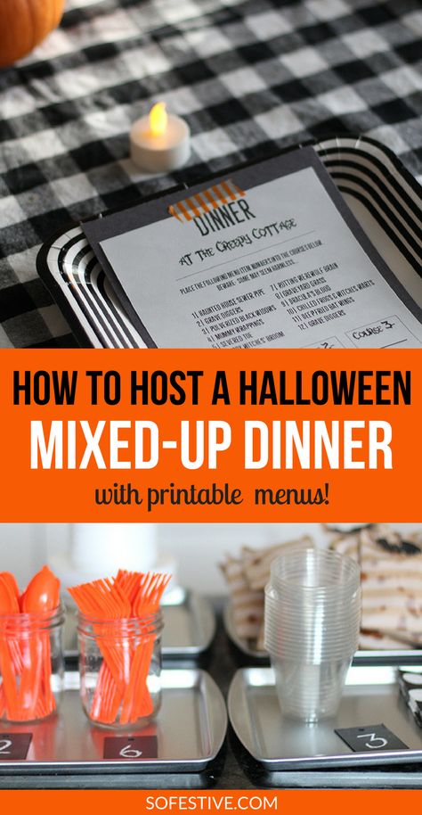 How to Host A Halloween Mixed-Up Dinner  with printable menus- Halloween party ideas- Family party ideas- Halloween mystery dinner Halloween Mystery Dinner, Halloween Dinner Party Menu, Teen Halloween Party, Halloween Dinner Party, Spooky Dinner, Mystery Dinner Party, Halloween Party Food, Dinner Party Games, Teen Halloween