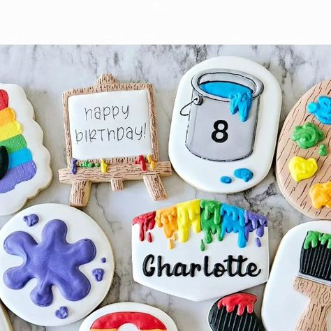 Joyce M. Szusz on Instagram: "Charlotte's art theme cookies to celebrate her 8th birthday! 🎨 🖌 #artcookies #art #sugarcookies #cookieart #cookieartist #cookiedesign #cookiesofinstagram #8 #paint #paintbrush #easel #painttube #rainbow #paintcan #palette #paintdrip #homebakery #smallbusiness #thelilblueovenbakery" Art Palette Cookies, Art Themed Cookies, Birthday Sugar Cookies, Moms 60th, Theme Cookies, Sugar Cookie Icing, Themed Cookies, Paris Themed, Paint Tubes