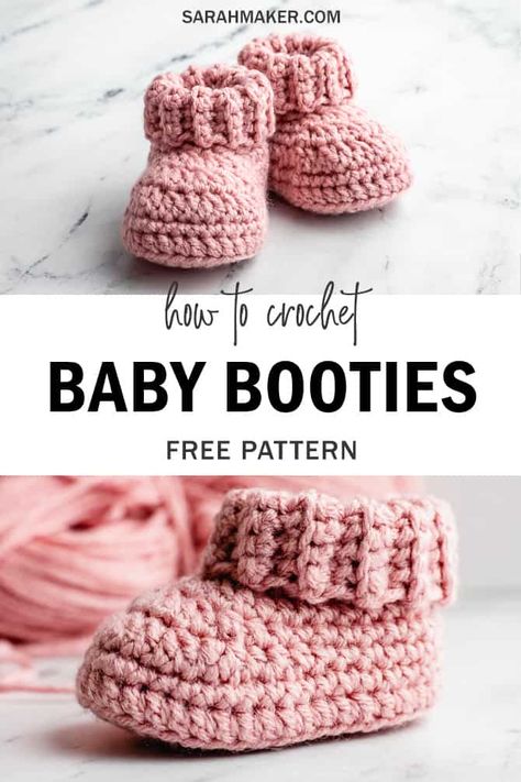 Free Pattern to make Classic Crochet Baby Booties with a Ribbed Cuff you can fold down to make baby shoes that actually stay on! Crochet Baby Booties Free Pattern, Baby Shoes Diy Pattern, Crocheted Baby Booties, Crochet Baby Projects, Crochet Baby Socks, Baby Booties Free Pattern, Baby Shoes Diy, Crochet Baby Boots, Crochet Baby Shoes Pattern