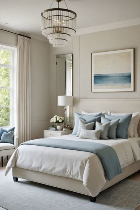 Serenity in Sleep: Luxe Blue and Cream Bedroom Ideas - West Magnolia Charm Blue Grey Bedroom Ideas, Grey And Blue Bedroom Ideas, Blue And Tan Bedroom, Blue And Cream Bedroom Ideas, Bedroom Inspirations Blue, French Blue Bedroom, Soothing Bedroom Colors, Magnolia Bedroom, Blue And Cream Bedroom