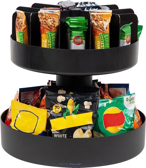 SNACKCAR Supreme Snack organizer, 14 x 14.5 Round, Black Breakroom Kitchen, Snack Caddy, Snack Room, Grab Snacks, 2 Tier Lazy Susan, Premium Snacks, Snack Holder, Dorm Food, Office Snacks