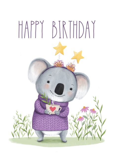 Tea Artwork, Griffin Illustration, Koala Illustration, Sweet Drawings, Vintage Birthday Cards, Star Headband, Birthday Card Template, Vintage Birthday, Whimsical Illustration