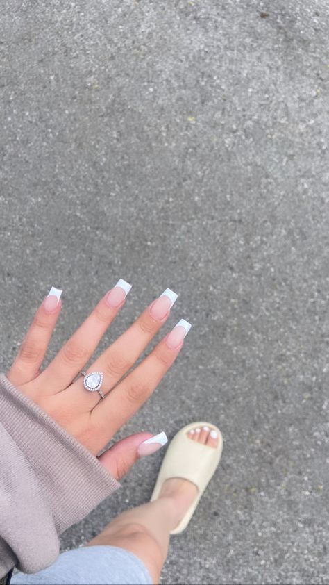 White And French Tip Nails, French Tip Clear Base, Cute Nails For Senior Pictures, Square Coffin French Nails, White Frenchies Short, White Nails Acrylic French Tips, Short Acrylic Nails French Tip White, Full Set White Tip Nails, White Shirt French Tip Nails