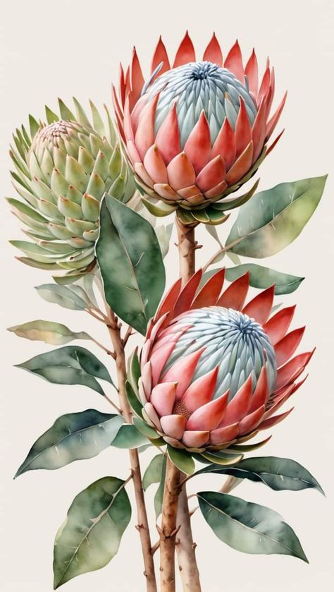 Paintings Of Proteas, Fynbos Illustration, Fynbos Flowers, Protea Drawing, Flowers Botanical Illustration, Protea Art, King Protea, Botanical Flowers Print, Lotus Flower Art