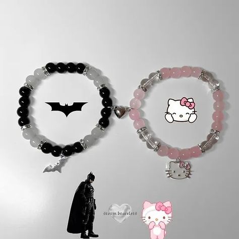 Batman And Hello Kitty Bracelets, Matching Bracelet Ideas For Couples, Matching Bracelets For Couples Diy Beads, Bracelets To Make For Your Boyfriend, Bracelet Ideas For Couples, Couple Bracelet Ideas, Couples Bracelets Diy, Couple Matching Bracelets, Batman Bracelet