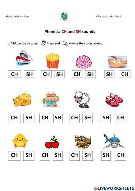 Sound ch and sh online activity for Sound ch and sh. You can do the exercises online or download the worksheet as pdf. Th Sound Worksheet, Ch Sound Worksheets, Digraph Activity, Teaching Digraphs, Ch Sound, Ch Words, Digraphs Activities, Kindergarten Pictures, Kindergarten Phonics Worksheets