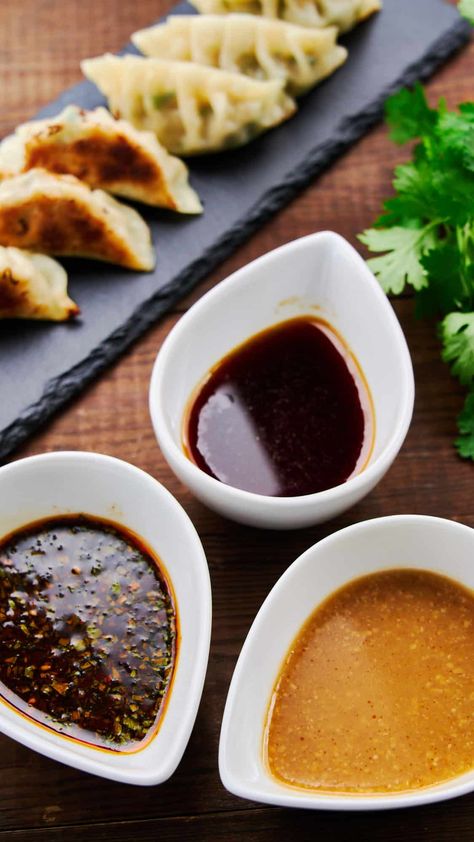 A trio of vibrant gyoza sauces Traditional, Miso, and Chinese-style potsticker dumpling sauces come together in minutes, ready to elevate a plate of delicious gyoza to new heights. Gyoza Dipping Sauce Recipes, Potsticker Dumplings, Gyoza Sauce Recipe, Gyoza Dipping Sauce, Gyoza Sauce, Potsticker Sauce, Dipping Sauce Recipes, Homemade Dumplings Recipe, Japanese Gyoza