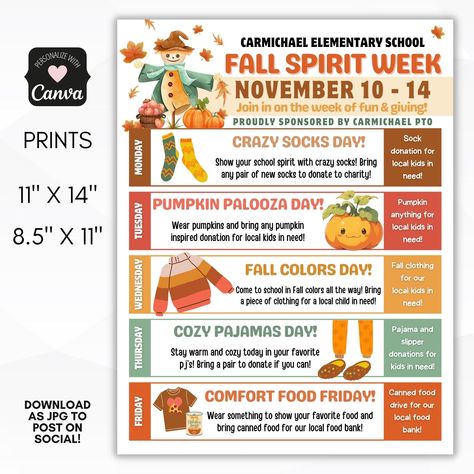 October Spirit Week Ideas, Thanksgiving Spirit Week Ideas, Fall Spirit Week, Thanksgiving Spirit Week, Middle School Dance Themes, Spirit Week Flyer, Holiday Spirit Week, Spirit Week Ideas, Working Thanksgiving