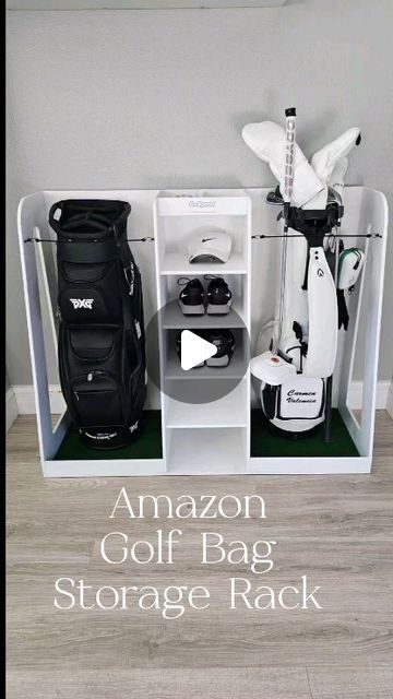 Carmen Valencia🦋 on Instagram: "With the temperature rising here in California☀️ I needed a place to store and display our new golf bags inside. Found this wood storage rack on Amazon for a good price. 💸 It comes in 3 different colors.   DM me for amazon link 😁🥰 not paid sponsorship 😅  #amazonfinds #golfaddict #golforganizer #golfgagets #golf #golfstorage #toohot #golfseason #girlsgolf #girlgolf #womengolf" Golf Bag Rack Diy, Golf Storage In Garage, Golf Bag Storage Diy, Golf Storage Ideas, Golf Closet, Golf Organizer, Golf Bag Storage, Golf Storage, Golf Room