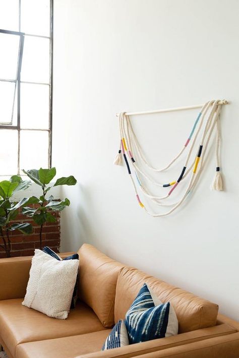 DIY Wrapped Cotton Rope Wall Hanging #DIY #wallhanging #tassel #yarn Rope Wall Hanging, Wrapped Rope, Rope Wall, Diy Home Accessories, Hanging Diy, Diy Air Dry Clay, Large Scale Art, Bleached Wood, Diy Wrap