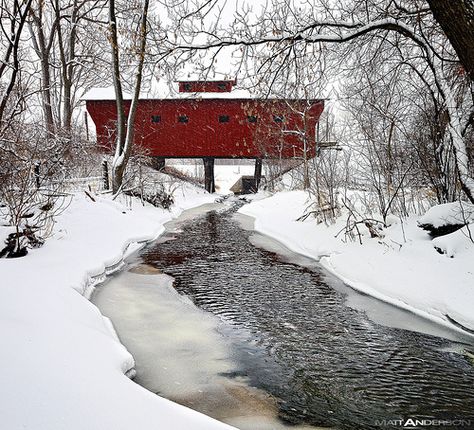 A Red Wooden Bridge near Milton Janesville Wisconsin in Rock County at Winter with snow and ice near a stream | Flickr - Photo Sharing! Matt Anderson, Wooden Bridge, Winter's Tale, I Love Winter, Covered Bridge, Winter Scenery, Winter Beauty, Snow Scenes, Winter Pictures