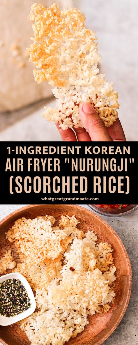 Learn how to make scorched rice in the air fryer with just 1 ingredient in just 15 minutes. This Korean air fryer nurungji is crunchy, nutty, addicting and so easy! You can enjoy it sweet with some sugar, or savory with kimchi and furikake. Nurungji Recipe, Rice Air Fryer Recipes, Air Fryer Rice Cakes, Air Fryer Rice Crispy Treats, Air Fryer Crispy Rice, Rice Air Fryer, Air Fryer Recipes Asian, Air Fryer Rice, Scorched Rice