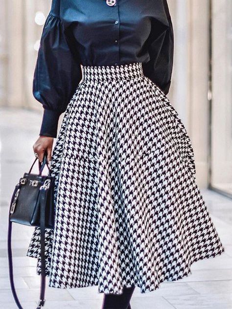 Stylewe offers stylish and concessional Skirt.. SPU: 1VSKBJ04C2, Color: Black-white, Material:Polyester, Thickness:Regular. Dirndl, Loose Denim Dress, Belted Denim Dress, Plus Size Elegant, Houndstooth Skirt, Elegant Skirt, Urban Dresses, Black Midi Skirt, Autumn Fashion Casual