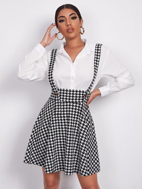 Houndstooth Print High Waist Pinafore Dress Pinafore Dress Outfit, Pinafore Skirt, Black And White Pattern, Style Preppy, Cold Weather Outfits, Pinafore Dress, Fashion Design Clothes, Overall Dress, Celebrity Dresses