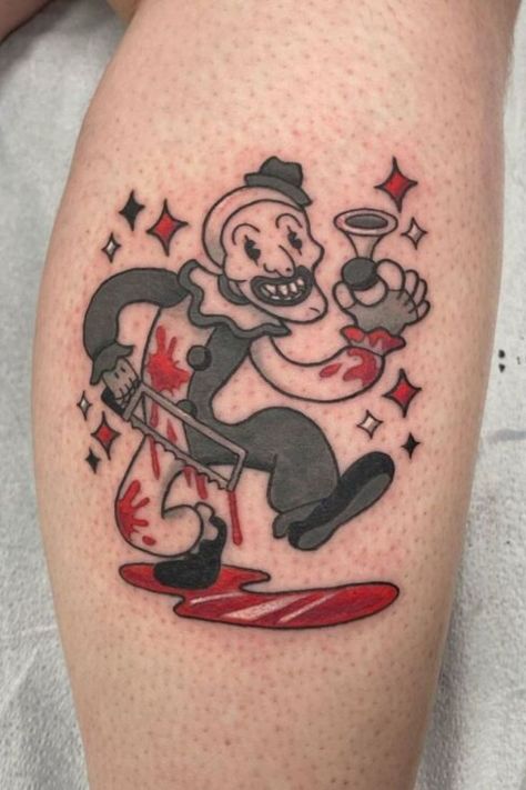 "From minimalist to detailed designs, these Art the Clown tattoo ideas make for perfect small tattoos that honor this infamous character." Art The Clown Drawing, Redrum Tattoo, Clown Tattoo Ideas, Art The Clown Tattoo, Terrifier Tattoo, Horror Icons Art, Movie Character Tattoos, Scarecrow Tattoo, The Terrifier