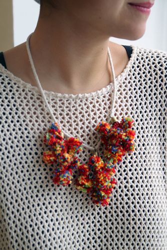 pom-pom necklace Pompom Necklace, Tory Burch Necklace, Pom Pom Necklace, Refinery 29, Diy Pom Pom, Yarn Pom Pom, Hand Crochet Baby Blanket, Fiber Jewelry, Necklace Diy