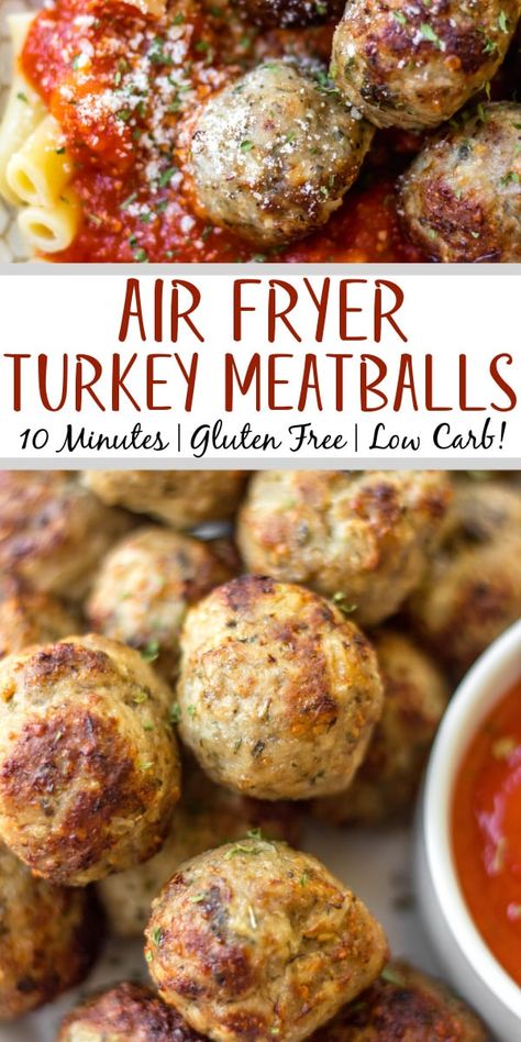 Once you make these juicy, flavorful air fryer turkey meatballs, you'll always want to keep them around! They only use a few simple ingredients and spices, 12 minutes to cook, and are a perfect protein for a huge variety of meals. Turkey meatballs in the air fryer are great for meal prep, stocking the freezer, and are gluten-free and low carb! #airfryerturkeymeatballs #turkeymeatballs #turkeymeatballsairfryer Meatballs In The Air Fryer, Ground Turkey Meatball Recipes, Air Fryer Turkey Meatballs, Low Carb Turkey Meatballs, Homemade Turkey Meatballs, Gluten Free Turkey Meatballs, Frying Recipes, Turkey Meatballs Healthy, Air Fryer Turkey