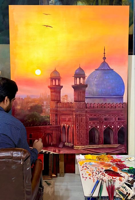 Oil painting Islamic Architecture Painting, Badshahi Mosque Painting, Mosque Painting Islamic Art, Blue Mosque Painting, Masjid Painting, Cultural Drawing, Palace Painting, Mosque Painting, Badshahi Mosque