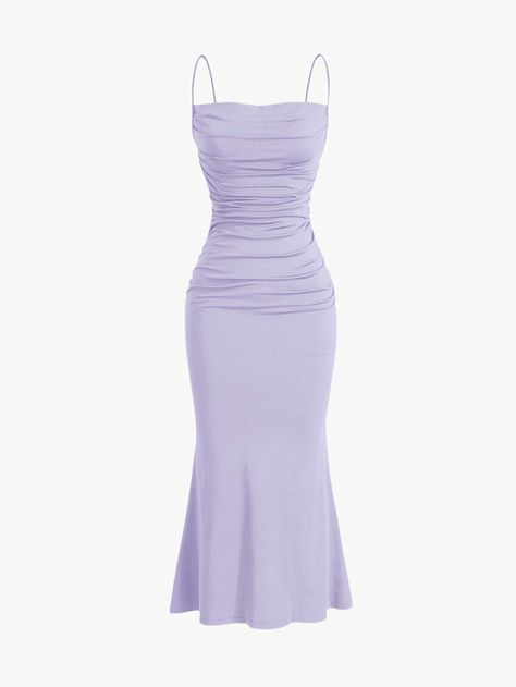 Mauve Purple Elegant Collar Sleeveless Knitted Fabric Plain Cami Embellished Medium Stretch  Women Clothing Lavender Wedding Reception Dress, Purple Slim Dress, Purple Dress Simple, Purple Dress Elegant, Cute Purple Outfits, Vestido Color Lila, Cute Purple Dress, Dress Medium Length, Purple Clothes