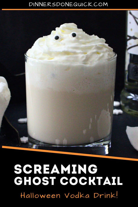 Get into the Halloween spirit with this Screaming Ghost Cocktail! A creamy and spooky vodka drink that's perfect for any Halloween celebration. With its whipped cream "ghost" topping and fun candy eyes, it's as festive as it is delicious. Easy to make and a hit at Halloween parties, this cocktail will have your guests screaming for more! 🎃🍸 #GhostCocktail #HalloweenVodkaDrink #SpookyCocktails #HalloweenParty #VodkaCocktails Ghost Themed Cocktails, Creamy Halloween Cocktails, Frozen Halloween Drinks, Drunk Ghost Cocktail, Boozy Whipped Cream, Halloween Ghost Shots, Drunk Ghost Drink, Whipped Cream Vodka Recipes Cocktails, Dirty Snowman Cocktail