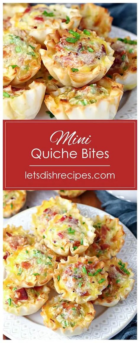 Ham And Swiss Mini Quiche, Mini Phyllo Cup Quiche, Quiche Pastry Cups, Wonton Quiche Cups, Brunch Quiche Mini, Breakfast Phyllo Cups, Mini Breakfast Keish, Small Bites For Breakfast, Quiche In Phyllo Cups