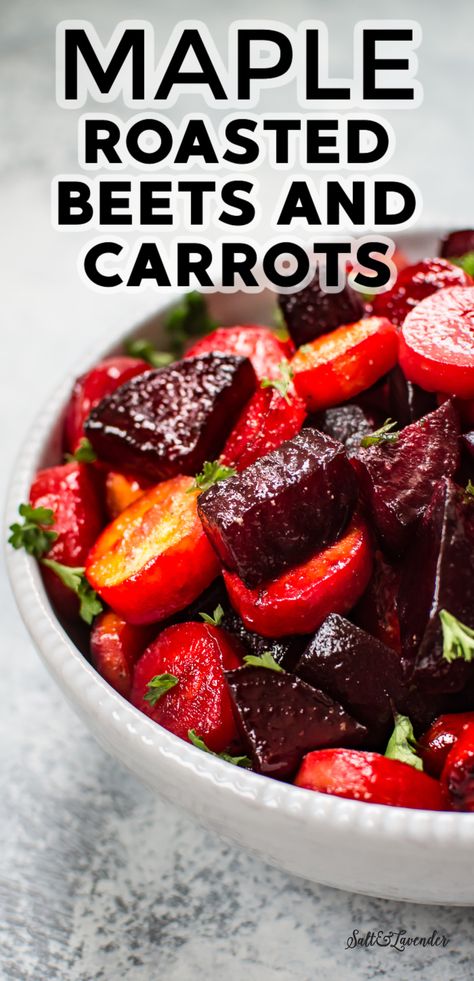 This maple roasted beets and carrots recipe is an easy, colorful, and healthy side dish. It's the best side dish for your holiday table and uses simple everyday ingredients! Roasted Beets Recipe Balsamic Vinegar, Thanksgiving Beets Recipes, Maple Roasted Beets And Carrots, Easy Roasted Beets Recipe, Canned Beet Recipes Side Dishes, Beets For Thanksgiving, Maple Roasted Beets, Best Roasted Beets, Roasted Beets And Carrots Oven