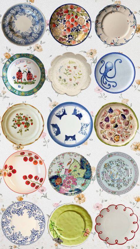 #plates #plate #platewall #inspo #collection #collage Mismatch Plates, Thrifted Plates, Aesthetic Plates, Eclectic Plates, Mix And Match Plates, Cute Plates, Whimsical Plates, Plate Collage, Funky Kitchen