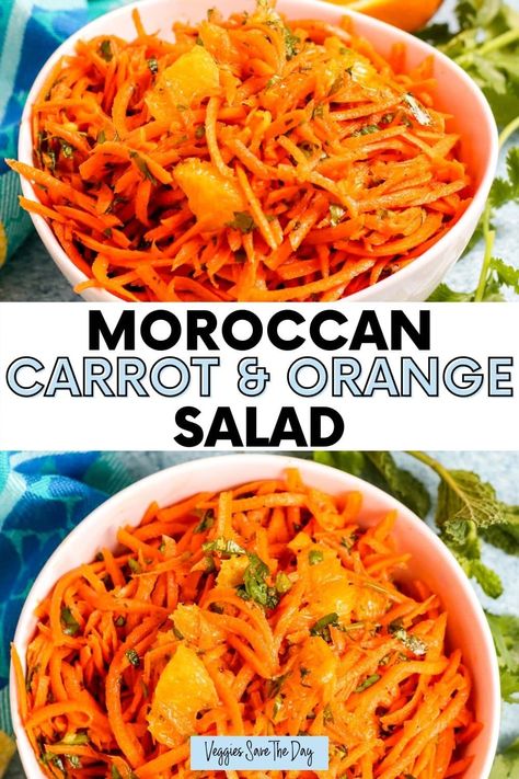 Bursting with flavor from fresh herbs, cinnamon, and cumin, this vegan shredded carrot and orange salad is easy to make in 15 minutes. Shredded Carrots Side Dish, Korean Carrot Salad, Korean Carrot, Salad With Almonds, Moroccan Carrot, Moroccan Carrot Salad, Carrot Raisin Salad, Vegan Mediterranean, Moroccan Carrots