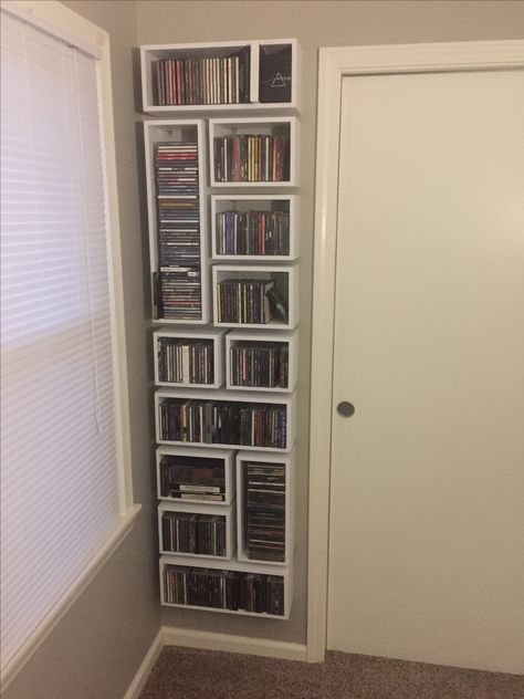 Custom box shelf CDs/DVDs Dvd Display Ideas Diy, Creative Dvd Storage Ideas, Shelves For Dvds, Dvd Storage Ideas Aesthetic, Dvd Storage Aesthetic, Movie Shelf Ideas Dvd Storage, Ways To Display Cds, Dvd Shelf Ideas, Movie Shelf Ideas