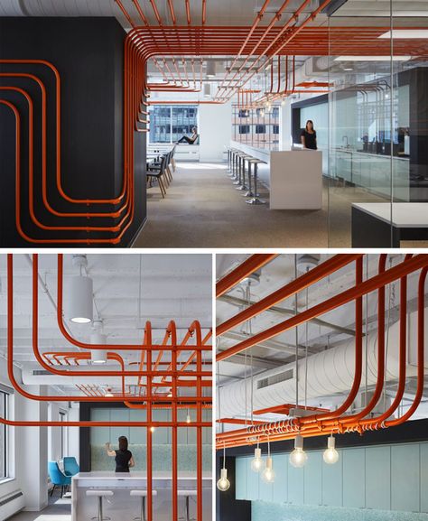 Studio BV have designed the Field Nation offices that were inspired by a circuit board and features orange conduit piping throughout, guiding people to the various areas of the office. #InteriorDesign #OfficeDesign #DesignAccent Office Ceiling, Industrial Office Design, Corporate Office Design, Modern Office Design, Design Brochure, Office Snapshots, Factory Design, Office Workspace, Corporate Office