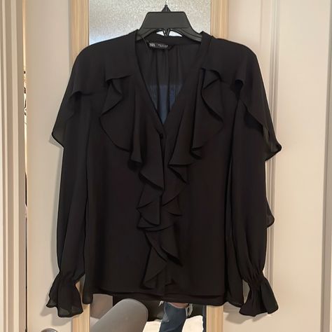 Black Chiffon Ruffled Blouse From Zara. Size Small. It’s Not A Tight Fit And Is Flowy. Never Worn. Tulle Blouse, Black Ruffle Blouse, Black Ruffle Top, Ruffled Blouse, Black Chiffon, Ruffle Shirt, Chiffon Ruffle, Character Designs, Black Ruffle