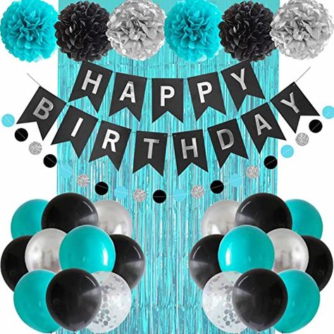 White Birthday Balloons, Blue Birthday Decorations, Teal Party Decorations, 100th Birthday Party Decorations, Black And White Party Decorations, Silver Happy Birthday, Teal Party, Turquoise Party, Black Party Decorations