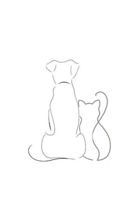 2 Dogs 1 Cat Tattoo, Two Cats One Dog Tattoo, One Line Cat And Dog Tattoo, Dog And Two Cats Tattoo, Cats And Dogs Tattoo Ideas, 2 Cats And A Dog Tattoo, Dog And Cat Line Art, Fine Line Labrador Tattoo, Line Art Cats