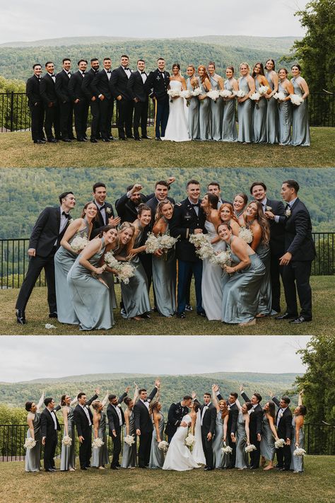 A large wedding party shot featuring the bride, groom, bridesmaids, and groomsmen. Groomsmen wearing elegant black tuxedos while bridesmaids are wearing silver green satin elegant bridesmaid dresses. Discover bridesmaid and groomsmen colors, wedding party attire, wedding party colors summer and bridesmaid and groomsmen ideas. Book Katarina for your candid wedding photos or Philadelphia wedding at katarinacelinephotography.com 9 Bridesmaids And Groomsmen, 8 Bridesmaids 8 Groomsmen, Wedding Photo Combinations, Big Bridal Party Photos Group Shots, Wedding Photos With Groomsmen, Groomsmen Attire With Green Bridesmaids, Wedding Party Photo Inspiration, Groomsmen And Bridesmaids Photos, Wedding Photography Wedding Party