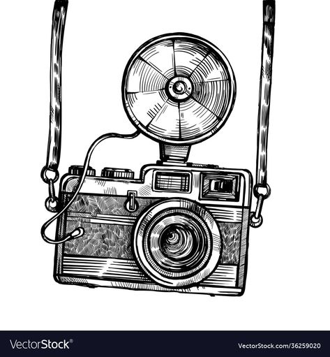 Retro camera with flash vintage sketch Royalty Free Vector Vintage Camera Drawing, Vintage Cameras Drawing, Camera Drawing Sketches, Camera Doodle, Camera Drawing, Camera Tattoo, Off Camera Flash, Vintage Flash, Classic Camera