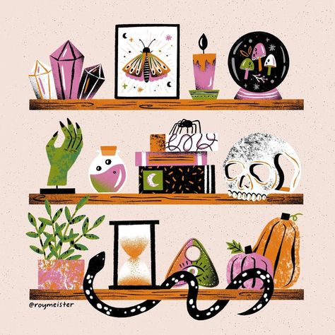 Witch Shelf Drawing, Shelf Illustration, 2024 Drawing, Tour Merchandise, Clay Inspo, Background Pics, Skill Building, Halloween Illustration, Witchy Things