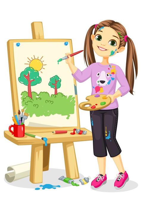 Paint Cartoon, Kids Easel, Character Design Cartoon, Cartoon Hair, Person Drawing, Girl Painting, Canvas Drawing, Girl Artist, Drawing Clipart