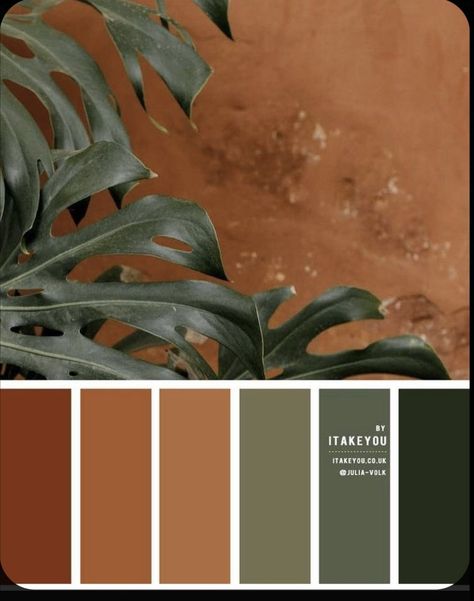 Terracotta Colour, Earthy Bedroom, Orange Color Palettes, House Color Palettes, Pintura Exterior, Living Room Orange, Deco Nature, Colour Ideas, Green Colour Palette