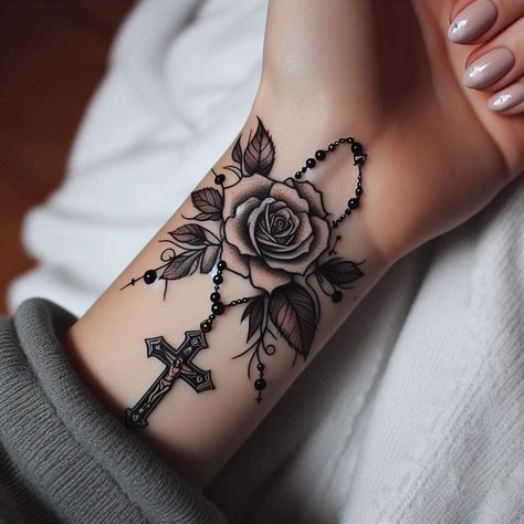 Tattoos With White Background, Tatoos Woman Arm Sleeve, Forearm Tattoos Woman, Rose Mom Tattoo, Women Tattoo Sleeve Ideas Unique, Best Star Tattoos For Women, Tattoo Ideas Roses, Cute Chest Tattoo Female, Cross With A Rose Tattoo