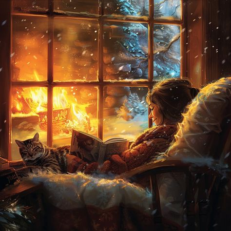 Cozy Winter Reading: A serene moment captured as a woman enjoys reading by the fireplace on a snowy evening. #cozy #winter #reading #woman #cat #aiart #aiphoto #stockcake ⬇️ Download and 📝 Prompt 👉 https://ayr.app/l/TBK8 Reading By The Fireplace, Cozy Christmas Illustration Art, December Astethic, Reading By Fireplace, Snowy Evening, Winter Reading, Cottagecore Christmas, Figure Drawings, Winter Reads