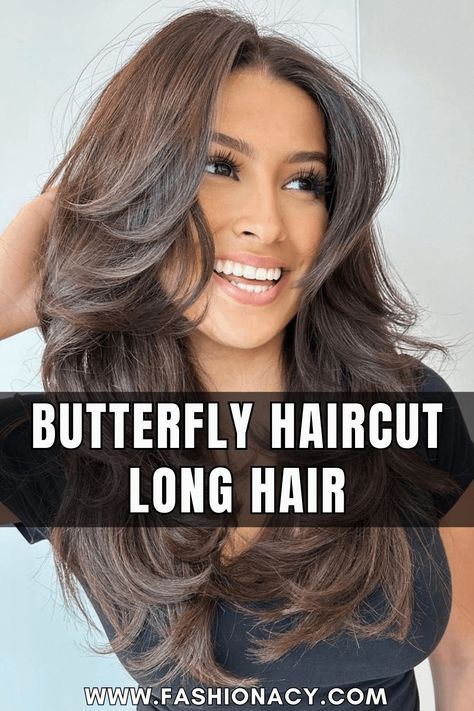 Embrace the allure of the Butterfly Haircut for long locks, offering a cascade of layers and textured movement, creating a glamorous and voluminous hairstyle that's both modern and effortlessly chic. The Butterfly Haircut, V Shape Hair, Butterfly Haircut, Haircuts For Long Hair With Layers, Long Length Hair, Bangs Straight, Layered Haircuts For Medium Hair, Haircut Straight, Haircut Long