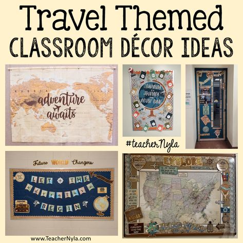 This post is a growing listing of Travel Themed Classroom Decor Ideas that are perfect for an elementary classroom.  A travel theme is all about adventure, Geography Themed Classroom, Travel Bulletin Boards Elementary, Travel Themed Decor, Global Classroom Decor, Journey Bulletin Board Ideas, History Classroom Theme, Explore Classroom Theme, All Around The World Classroom Theme, Travel Bulletin Board Ideas