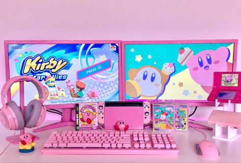 kirby battlestation gaming setup nintendo switch gamer girl kawaii cute pink joycons ds razer quartz Razer Quartz, Pink Gaming Setup, Kawaii Bedroom, Kawaii Games, Pc Gaming Setup, Cool Electronics, Gaming Room Setup, Gamer Room, Nintendo Switch Games