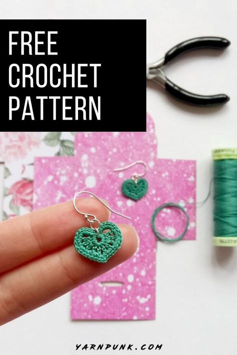 Learn how to make your own accessories with these lovely micro-crochet heart earrings! Create your own set with this free crochet pattern! This basic and beginner friendly DIY project is perfect for any crocheter that enjoys smaller work. A standout piece that will turn heads and makes for great crochet jewelry.  It can work up quickly. Working with simple stitches, the single crochet, any color will look great in your wardrobe! You will need to have ear wires and jump rings! Easy Crochet Earrings Free Pattern, Crochet Earrings Free Pattern Easy, Crochet Hearts Pattern Free, Small Crochet Ideas Simple, How To Make Earrings For Beginners, Simple Crochet Ideas For Beginners, Christmas Earrings Diy, Crochet Wear, Making Jewelry For Beginners