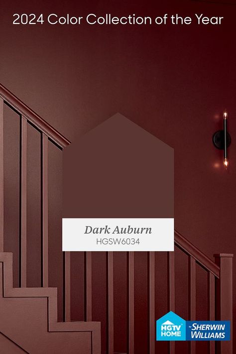 Dark Auburn (HGSW6034), from our 2024 Color Collection of the Year Renewed Comfort, pairs perfectly with moody décor pieces, bringing out its deep, soothing hue to make a statement, like this monochrome stairwell. Sw Dark Auburn, Dark Auburn Sherwin Williams, 2024 Paint Colors, Red Paint Colors, Living Colors, Dark Paint Colors, Dark Auburn, Sherwin Williams Paint Colors, 2024 Color