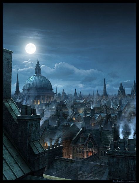 London Rooftops  done for Annie Leibovitz Disney ad "Year of a Millon Dreams"  (London Rooftops by El Rafo, via Flickr) London Rooftops, City At Night, Victorian London, Have Inspiration, Fantasy City, Fantasy Places, Matte Painting, Throne Of Glass, Mary Poppins