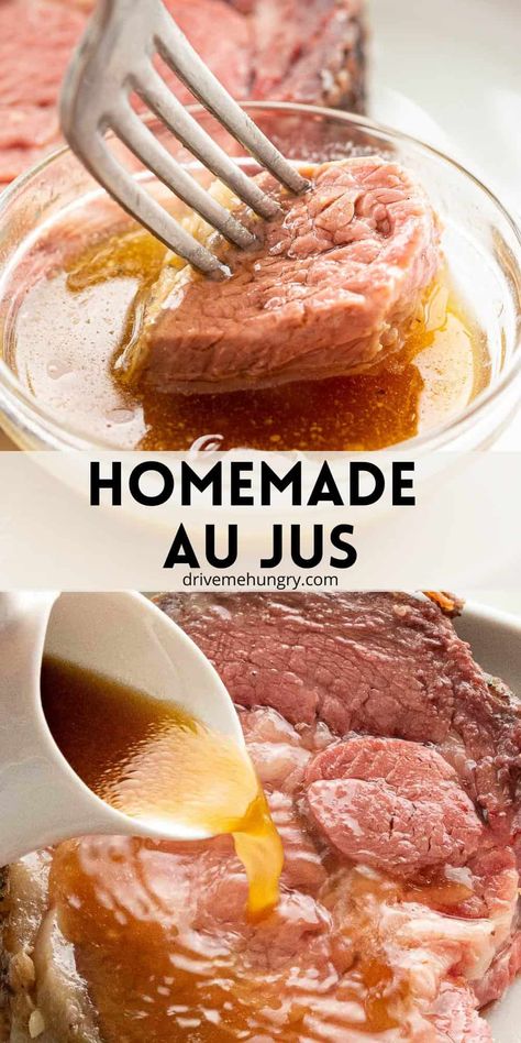 This easy au jus sauce is perfect for prime rib, roast beef, and French dip. It's a simple, flavorful sauce that can be made with or without drippings! All you need are basic ingredients like beef broth, butter, and Worcestershire sauce for a light sauce or gravy that pairs perfectly with any beef recipe. Roast Beef French Dip, Easy Au Jus Recipe, Au Jus Sauce, Jus Sauce, Prime Rib Sauce, Prime Rib Au Jus, Beef Gravy Recipe, Jus Recipe, Beef Au Jus